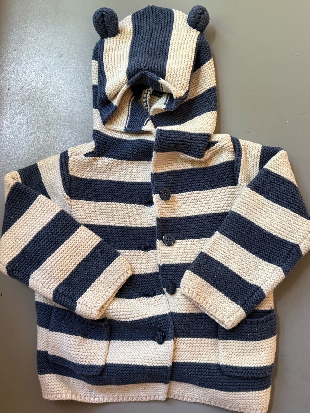baby GAP Navy and Cream Striped Hooded Knit Cardigan with Ear Details